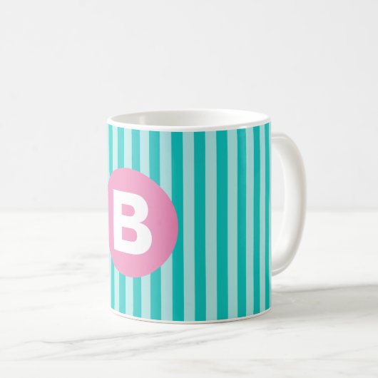 Teal Blue Vertical Striped Pink Circle Monogram Koffiemok (Voorkant rechts)