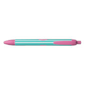 Teal Blue Vertical Striped Pink Circle Monogram Zwarte Inkt Pen (Achterkant)