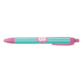 Teal Blue Vertical Striped Pink Circle Monogram Zwarte Inkt Pen (Bodem)