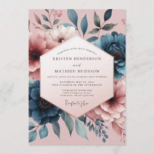 Teal Blush Painterly Bloom Wedding Kaart (Voorkant)