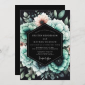 Teal & Blush Shadowy Bloom Wedding Kaart (Voorkant / Achterkant)