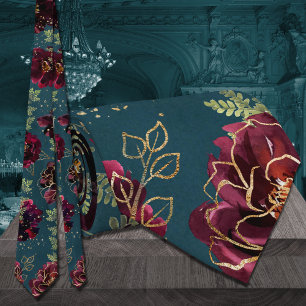 Teal Bordeaux Juweeltoon Gouden Trouw Stropdas