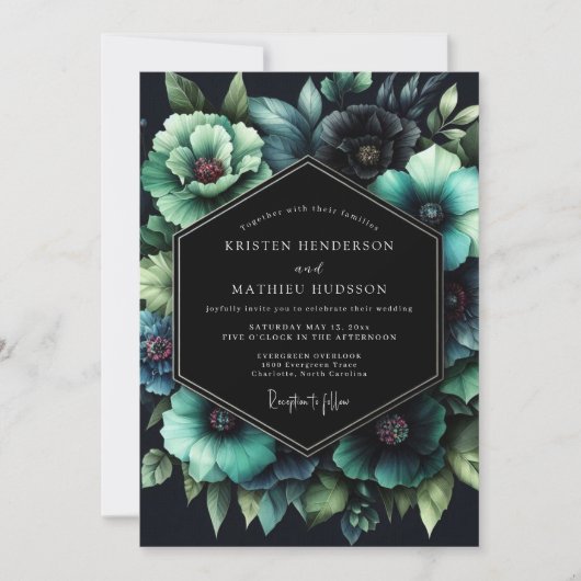 Teal Botanical Nocturne Wedding Kaart (Voorkant)