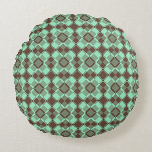 Teal Brown Checker Argyle Pattern Rond Kussen (Voorkant)