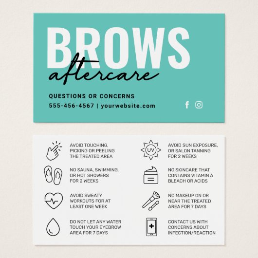 Teal Brows Aftercare PMU Brow Instructions Card (Devant & derrière)