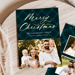 Teal Brushed Plaid Gold Foil 3 Photo Folie Feestdagenkaart