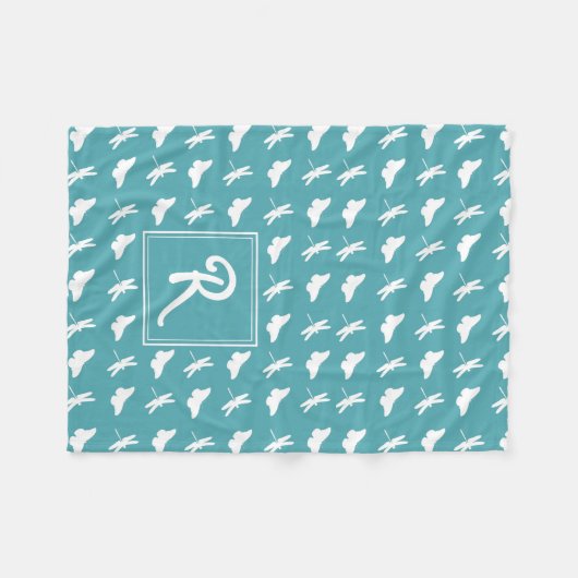 Teal Butterfly and Dragonfly Pattern Monogram Fleece Deken (Voorkant (Horizontaal))