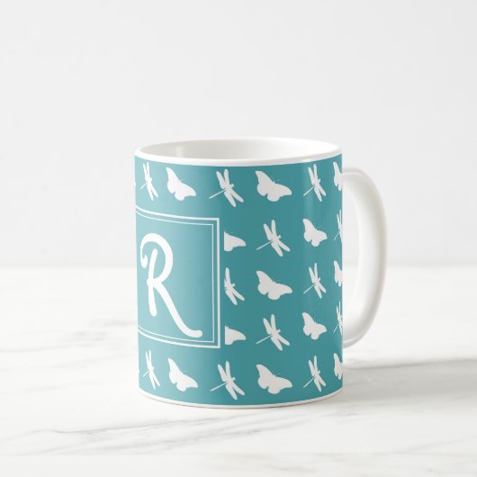 Teal Butterfly and Dragonfly Pattern Monogram Koffiemok (Voorkant rechts)