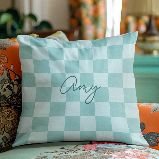 Teal Checkers Monoline Naam Kussen (Teal Checkers Monoline Name Throw Pillow)