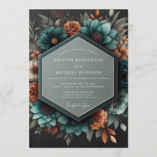 Teal Copper Dramatic Botanical Wedding Kaart (Voorkant)