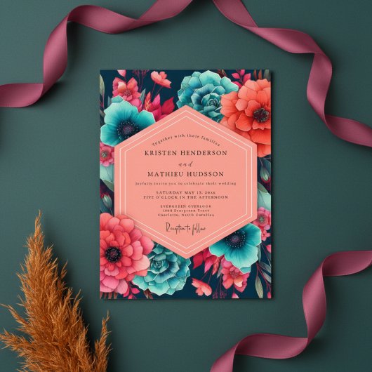 Teal Coral Floral Opulence Wedding Kaart