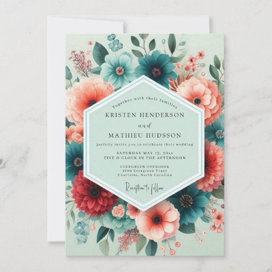 Teal Coral Flourish Wedding Kaart (Voorkant)