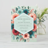 Teal Coral Flourish Wedding Kaart (Staand voorkant)