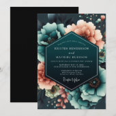 Teal Coral Moody Bloom Wedding Kaart (Voorkant / Achterkant)