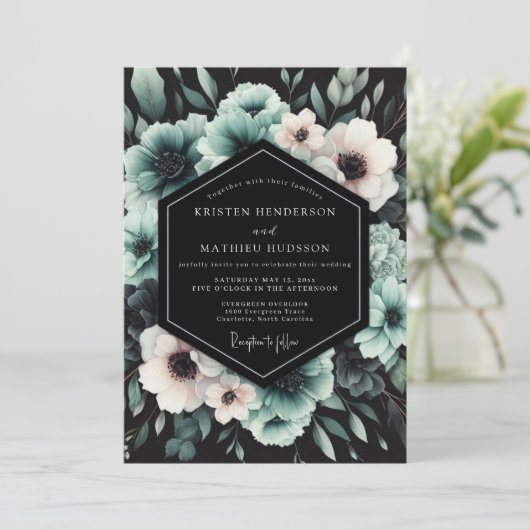 Teal Dramatic Anemone Wedding Kaart (Staand voorkant)