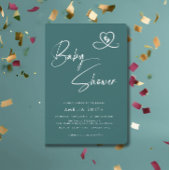Teal Elegant Script Baby Shower Heart Footprints Kaart