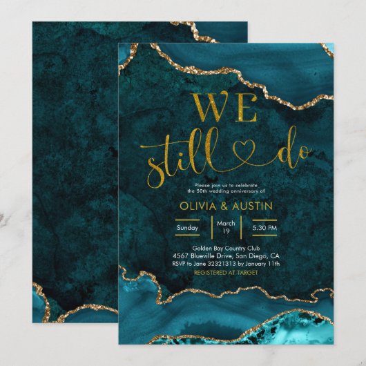 Teal en gouden agaten huwelijksjubileum kaart (Voorkant / Achterkant)