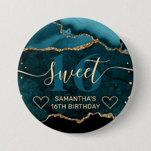 Teal en gouden glitters agatemarmer Sweet 16 Ronde Button 7,6 Cm