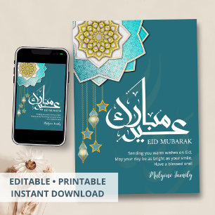 Teal en gouden luxe islamitische ornament Eid kaar Feestdagenkaart