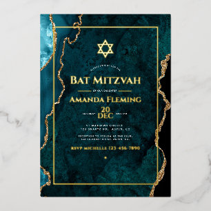 Teal en gouden nepopaal Bat Mitzvah Folie Uitnodiging