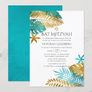 Teal en gouden tropisch strand Bat Mitzvah Kaart
