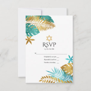 Teal en gouden tropische Bat Mitzvah RSVP Kaartje
