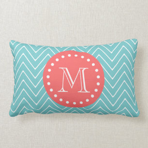 Teal en koraalrode chevron met aangepast monogram kussen