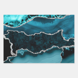 Teal en namaak zilver glitter marmer agaat inpakpapier vel