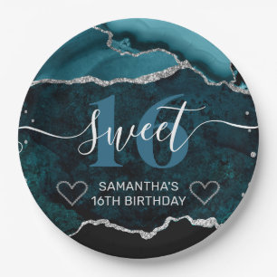 Teal en Zilver Glitter Agate Marmer Sweet 16 Papieren Bordje