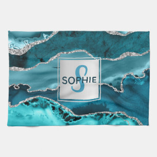 Teal en Zilver Nep Glitter Marmer Agate Monogram Theedoek