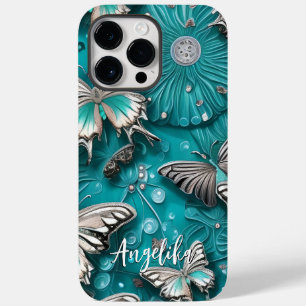 Teal en Zilveren Bloemvlinder Aangepaste Naam Case-Mate iPhone 14 Pro Max Hoesje