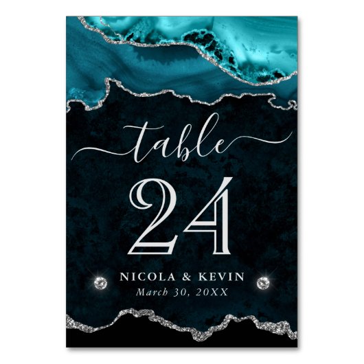Teal en Zilveren Nep Glitter Agate Bruiloft Kaart (Voorkant)