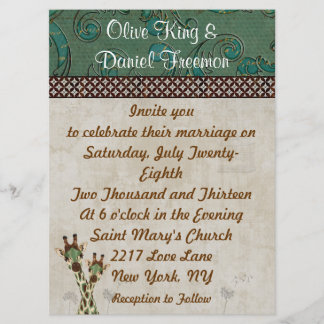 Teal et faire-part de mariage de cuivre de girafes