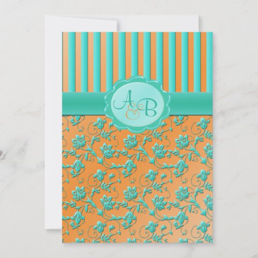 Teal et invitation florale de monogramme de rayure (Devant)