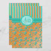 Teal et invitation florale de monogramme de rayure (Devant / Derrière)