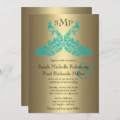 Teal et invitations de mariage de paon d'or (Devant / Derrière)