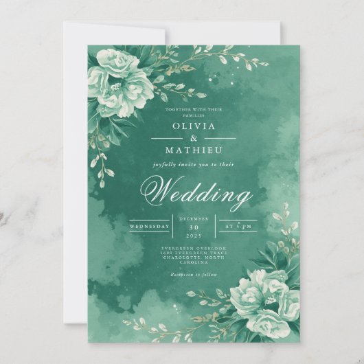 Teal Floral Flourish Wedding Kaart (Voorkant)