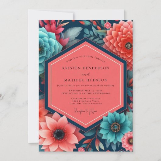 Teal Floral Opulence Wedding Kaart (Voorkant)