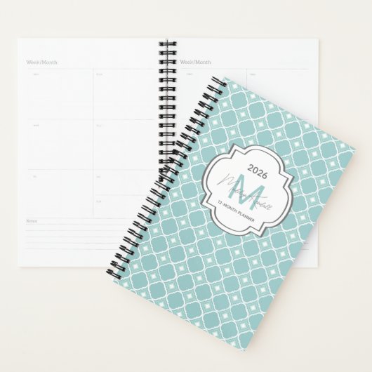 Teal Geometric Pattern Custom Monogram Name (Devant avec enveloppe)
