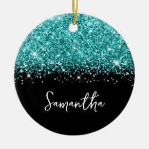 Teal Glitter en Black Glam Naam Foto Keramisch Ornament
