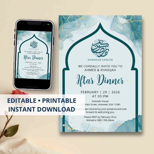 Teal Gold Abstract Ramadan Iftar Dinner Invitation