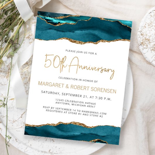Teal Gold Agate 50th Anniversary Invitation Briefkaart