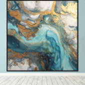 Teal Gold Currents – Art mural fluide abstrait (Insitu (Plancher de Bois))