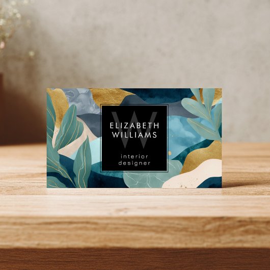 Teal Gold Modern Abstract Monogram Business Cards Visitekaartje