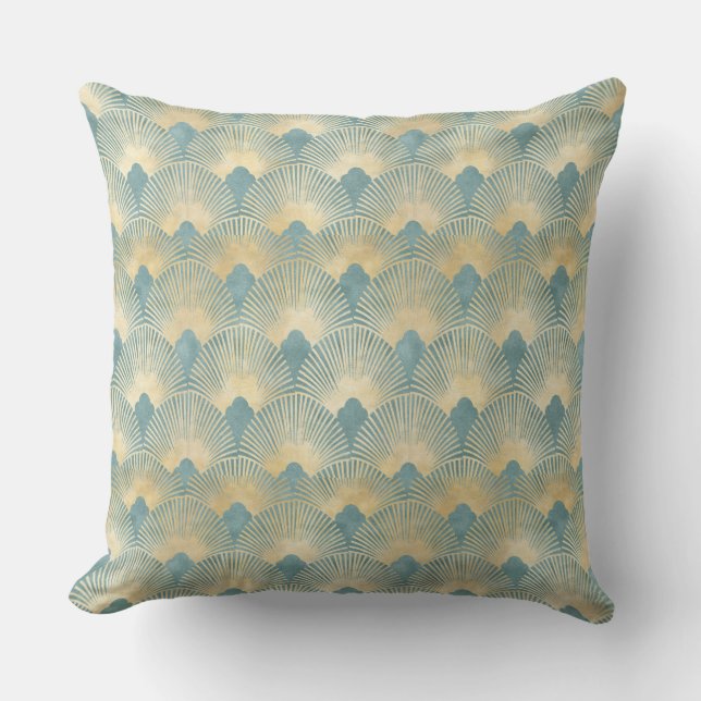 Teal gold pattern, fan feather pattern, Art Deco c Buitenkussen (Voorkant)