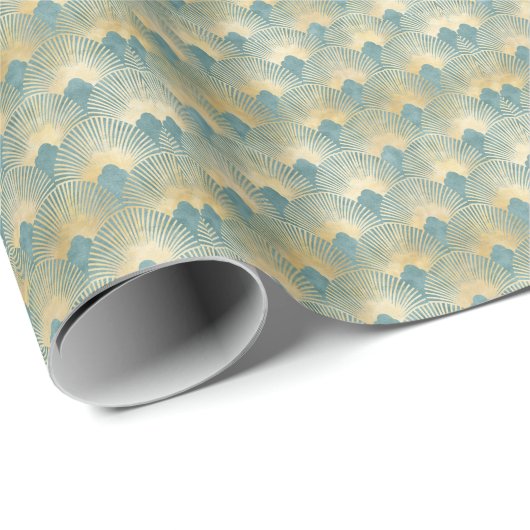 Teal gold pattern, fan feather pattern, Art Deco c Cadeaupapier (Rol Hoek)