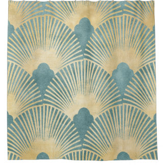 Teal gold pattern, fan feather pattern, Art Deco c Douchegordijn