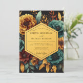 Teal Golden Floral Night Wedding Kaart (Staand voorkant)
