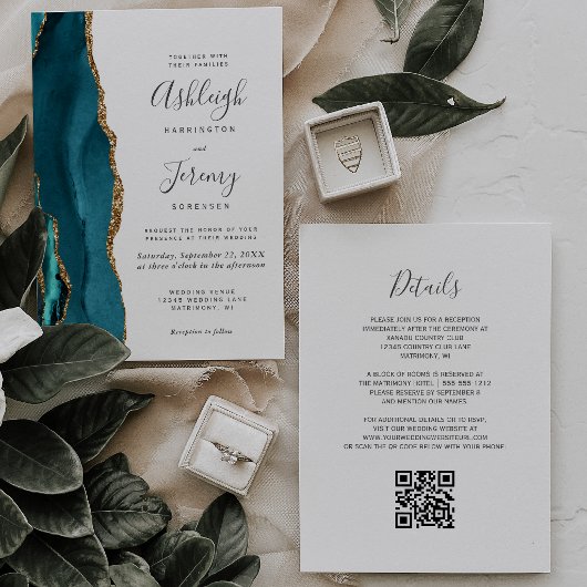 Teal Goud Agaat QR Code Bruiloft Kaart