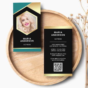 Teal Goud Folie Model Actrice QR Code Foto Visitekaartje